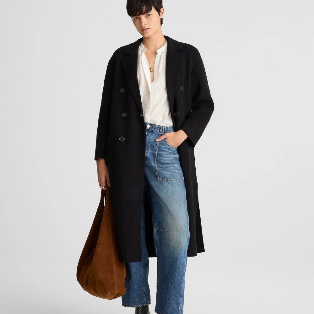 Madewell Women's Jet‎ Black Double Faced Brushed Long Coat Large NEW Style NW773